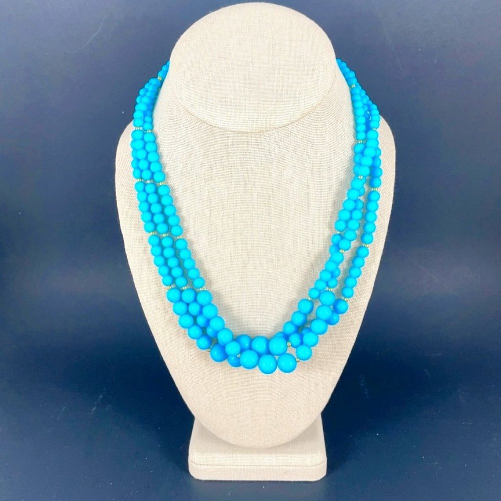 Necklace 19 Inch Handmade Blue THREE STRAND Graduated Bead Necklace